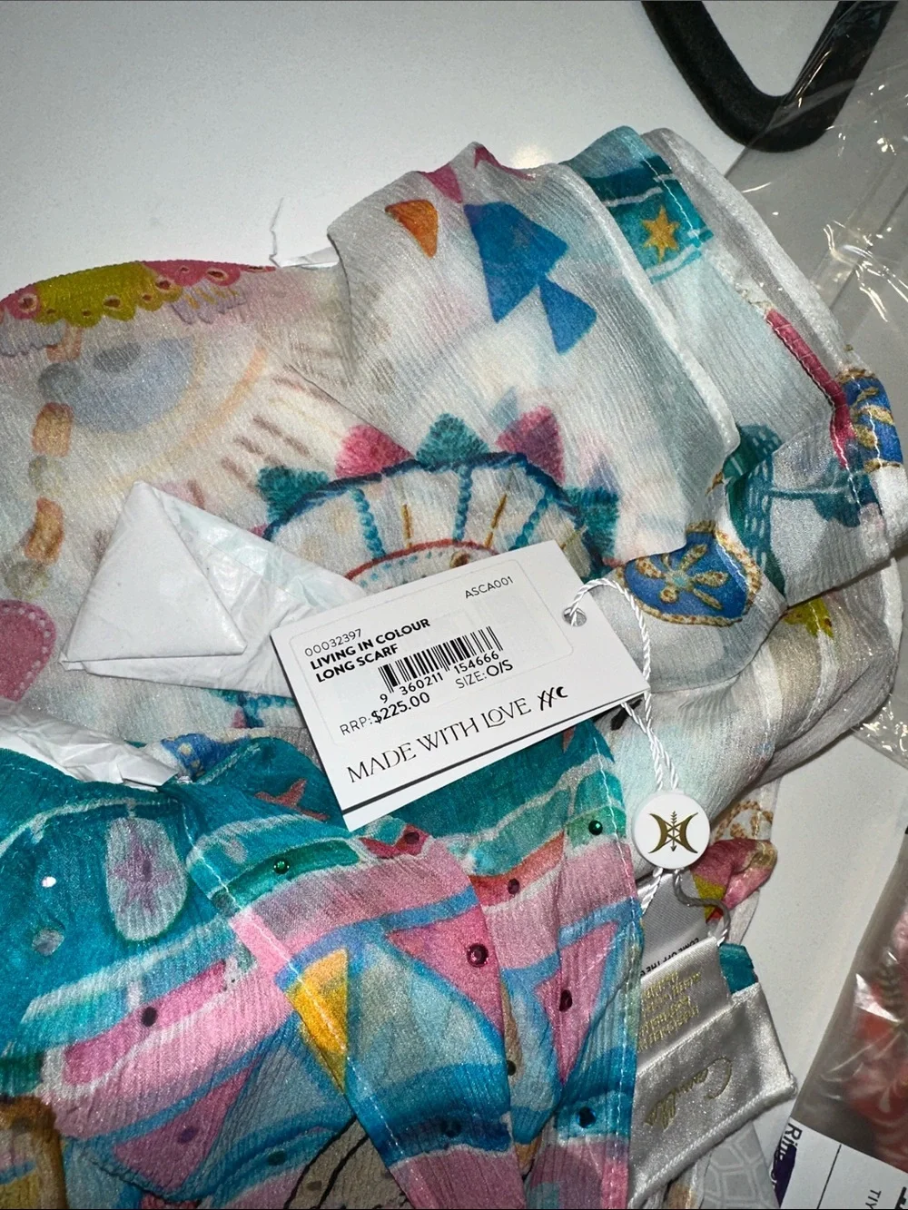 CAMILLA “Living In Colour” white silk boho long scarf shawl belt top head wrap
